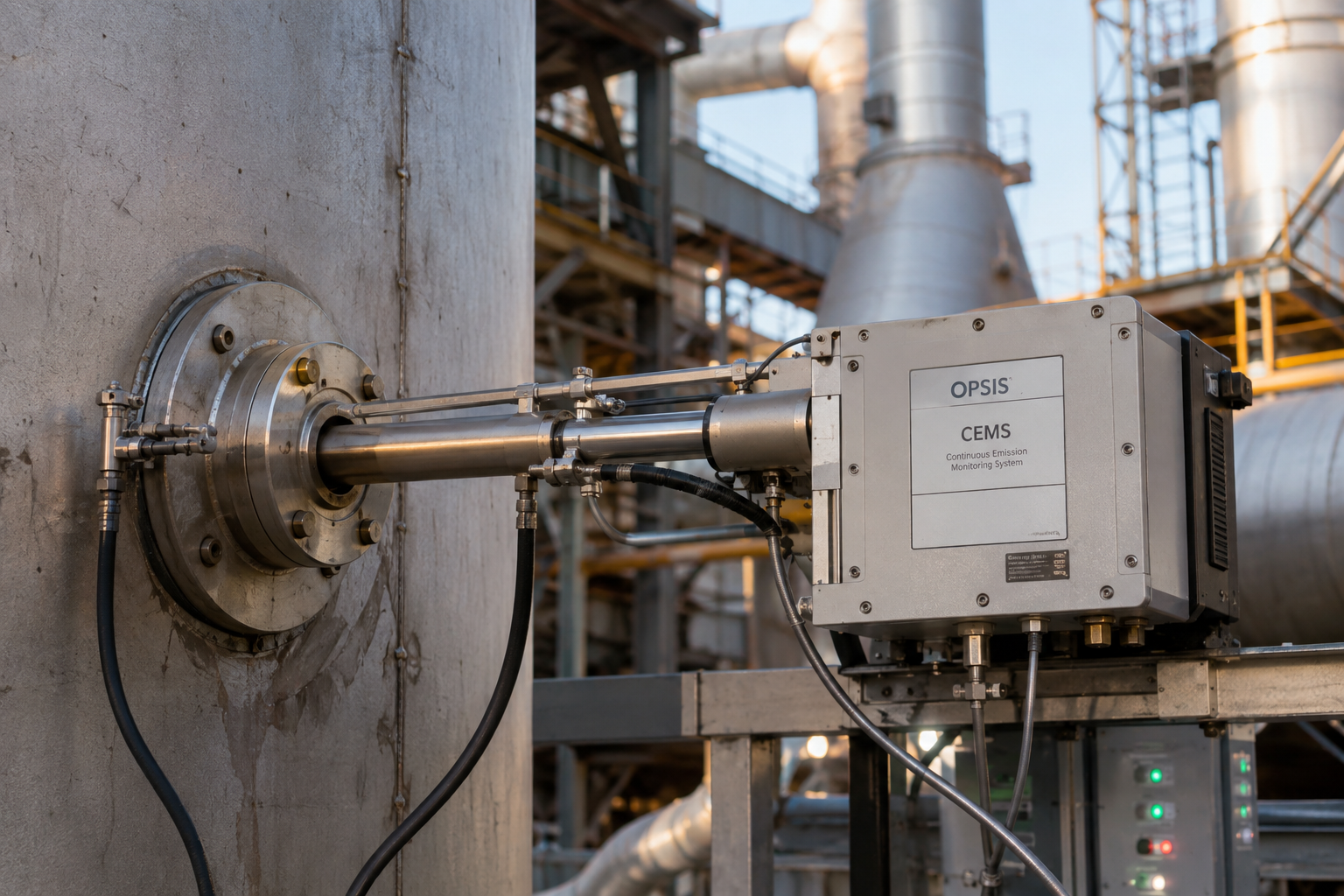 CEMS analyzer mounted on a process vessel, with the sample probe flanged into the duct